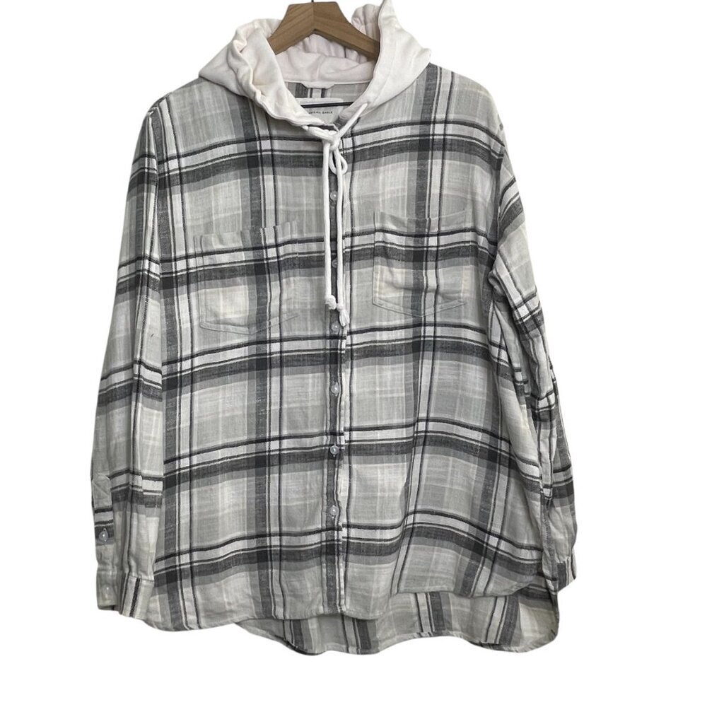 American Eagle Womens Hooded Plaid Button-Up Shirt Size L White/Gray 100% Cotton
